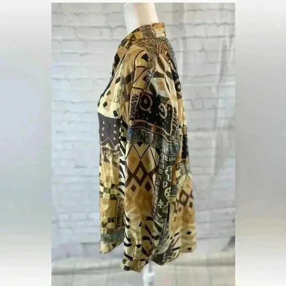 Details Express Womens Vintage 90s Silk Oversize Shirt Size L Brown Gold Funky - Picture 2 of 16